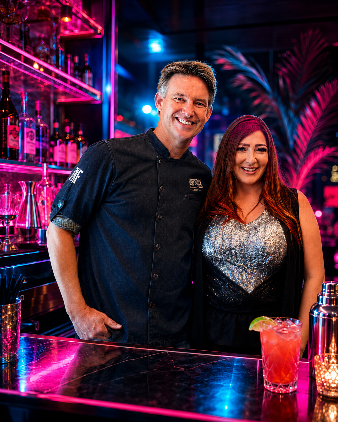 Tiffany and Rob Floyd in a stylized neon bar setting